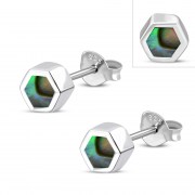  Tiny Abalone Shell Hexagon Silver Stud Earrings, e372